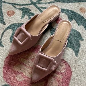 Fericzot Pink Suede Pointed-Toe Buckle Mules